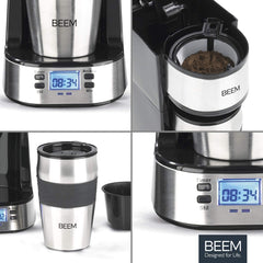 Machine à expresso monofiltre BEEM THERMO 2 GO avec tasse thermique de 0,4 l | Filtre permanent | Avec minuterie de 24 heures pour une tasse de café chaud le matin, pas d'attente | 750 W