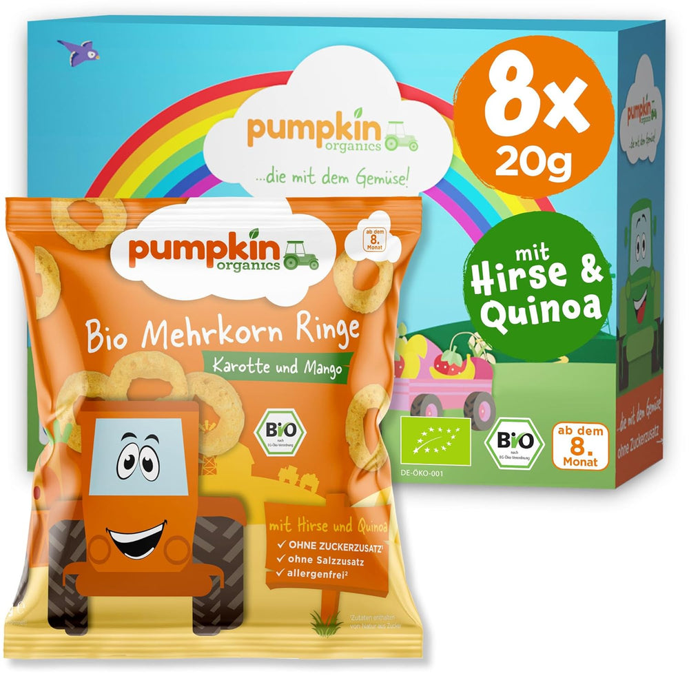 Inele multicereale organice Pumpkin Organics pentru copii, morcov și mango (pachet de 8) Gustări pentru bebeluși fără aditivi de la 12 luni - fără alergeni² și fără gluten³ Gustări crocante pentru copii (8 x 20g)
