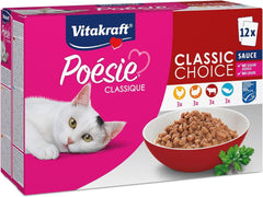 Vitakraft Poésie Classique, nourriture humide pour chat, nourriture pour chat en sauce, au poulet, à la dinde, au bœuf, au saumon, sans sucre ajouté et céréales (1 paquet de 12 x 85g)