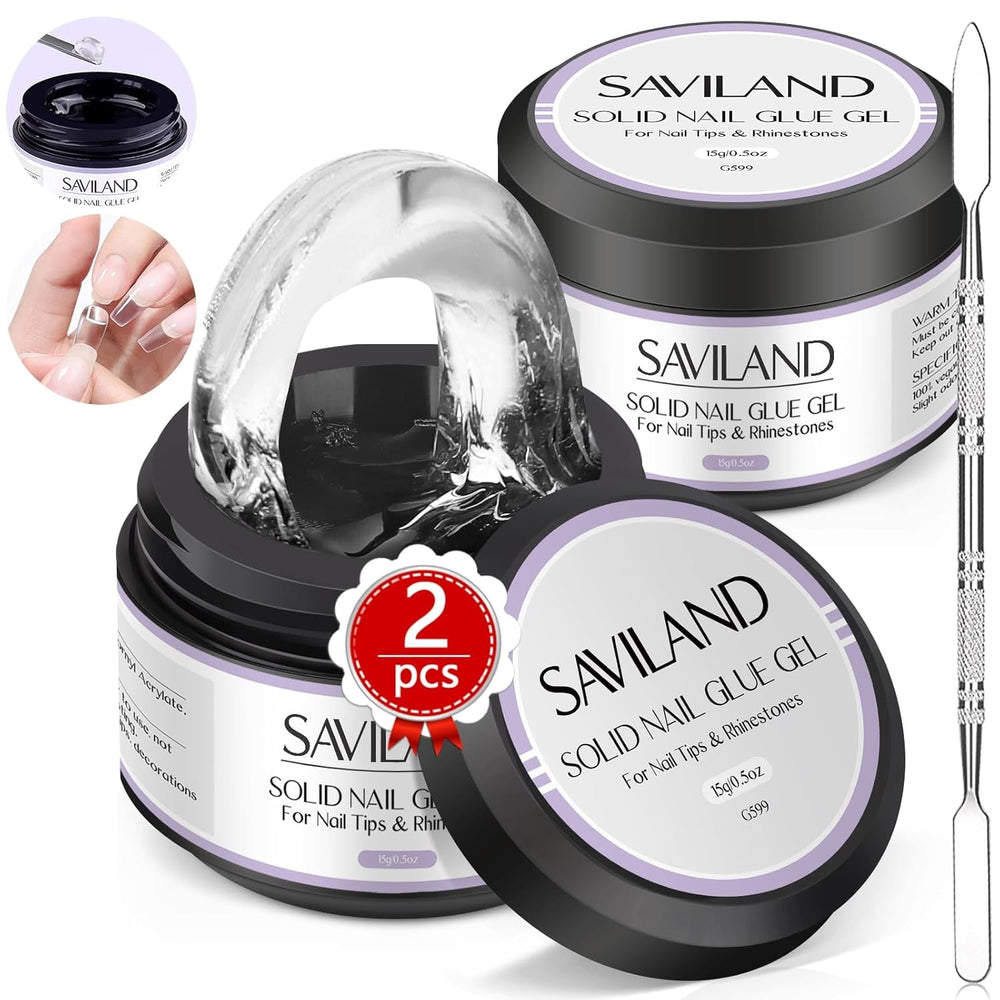 Saviland Colle solide pour pointes d'ongles : 2 pièces 15 g de colle artificielle extra forte à pression sur les ongles, colle UV gel pour femmes, salon de maison, bricolage, lampe UV/LED durcie