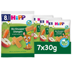 HiPP Bio Knusper Stangen Apple Karotte (7 x 30g), Babysnack ab 8. Monat, Süße nur aus Früchten und Gemüse, glutenfree, in best Bio-Qualität