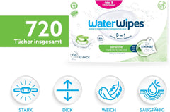 Lingettes humides WaterWipes Sensitive+ Hydrating Boost, lingettes hydratantes, 720 unités (paquet de 12), 3 en 1 propres, soignent, hydratent, 99 % d'eau d'aloe vera, lingettes pour bébé non parfumées