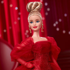Barbie Signature Doll 80e anniversaire Mattel Figurine de collection en robe de tulle rouge scintillant avec boucles d'oreilles en forme de larme et gants délicats cheveux blonds JBJ17
