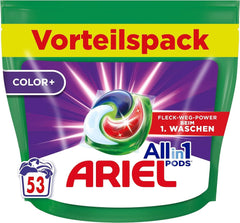 Ariel Allin1 PODS, capsules de lessive liquide Color+ 53 lavages, excellente élimination des taches dès le premier lavage. Lessive Naty Shop 53 capsules Modèle Classique
