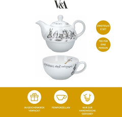 Ensemble théière et tasse Alice au pays des merveilles pour 1 personne dans un coffret cadeau, service à thé en porcelaine fine, blanc, 250 ml