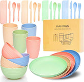 Ensemble de couverts de camping en plastique pour 4 personnes, réutilisables, indestructibles, assiettes, tasses, bols et couverts légers, respectueux de l'environnement, réutilisables, passent au micro-ondes et au lave-vaisselle