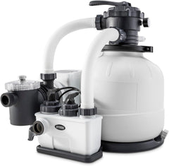 Pompă filtrantă cu nisip Intex 26676 Krystal Clear cu sistem de apă sărată, debit de apă 7900 L/h, debit sistem 6000 L/h, pentru piscine de până la 32200 L, plastic, alb
