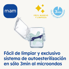 MAM Anneau de dentition, 4 mois et plus, soulagement immédiat en cas d'éruption ultérieure, extra léger et facile à saisir et à tenir, avec boîte auto-stérilisante, rose, 1 pièce