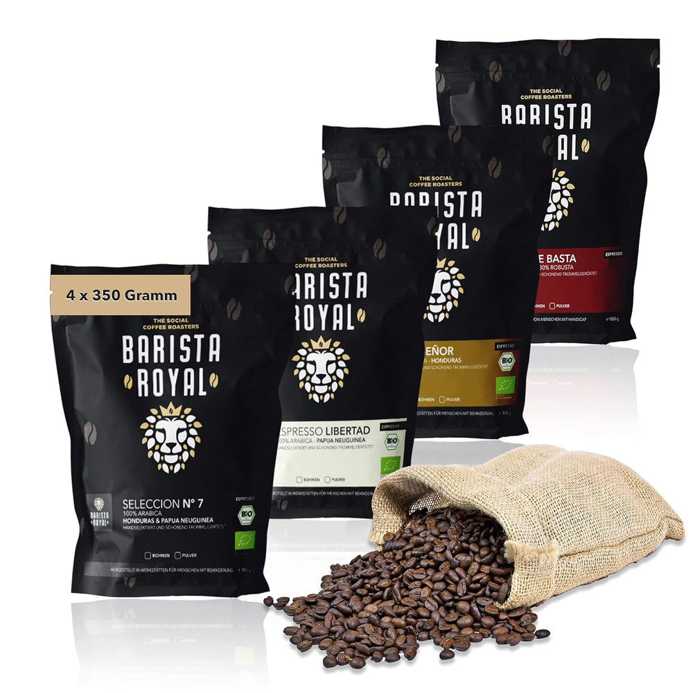 Ensemble d'échantillons de grains d'espresso 4 x 350 g de grains d'espresso | Pack découverte/Pack d'échantillons | Robusta et Arabica | Idéal pour les appareils entièrement automatiques et les porte-filtres | BARISTA ROYAL