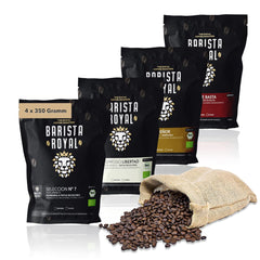 Ensemble d'échantillons de grains d'espresso 4 x 350 g de grains d'espresso | Pack découverte/Pack d'échantillons | Robusta et Arabica | Idéal pour les appareils entièrement automatiques et les porte-filtres | BARISTA ROYAL