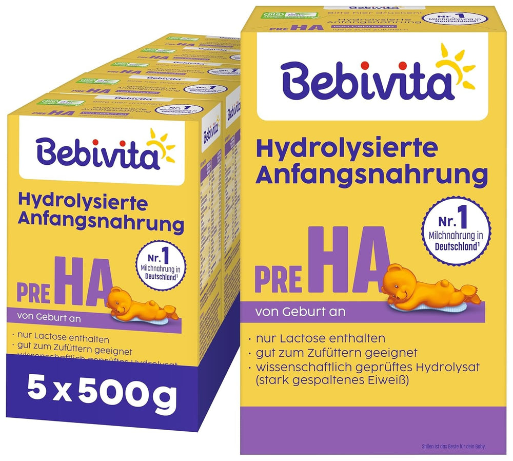 PRE HA (5 x 500g), formulă de lapte praf hidrolizată de la naștere, conține doar lactoză ca și carbohidrat, potrivită pentru alimentație suplimentară