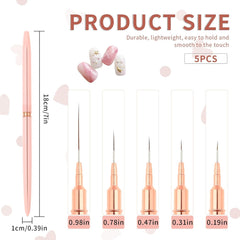 Nail Art Liner-Brush 5-Teiliges Gel-Nagellack-Malerei-Nagel-Punkt-Zeichnungs-Werkzeug für Lange Linien Kunst-Design-Stift-Set Metallgriff Nail-Art-Design-Binsel for Frauen