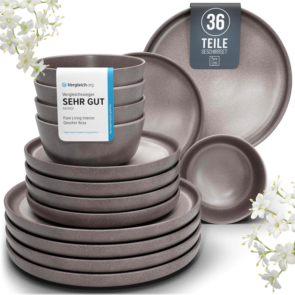 Service de table en grès pour 12 personnes, 36 pièces, style urbain, haute qualité, TRÈS BON TEST, service de table en grès - service de bols et d'assiettes - service de table pour 12 personnes, services de table Pure Living en gris-marron mat