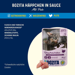 Bozita Pouch Nassfutter Häppchen in Sauce mit Pute - 12x85g Portionsbeutel getreidefreies & weizenfreies Futter für Katzen - Katzennassfutter für erwachsene Katzen mit 8,5% Protein & 4,5% Fettgehalt