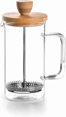 - Cafetieră franceză, presă de cafea, aparat de cafea cu piston, ibric francez pentru cafea filtrată, 3 cești, 0,35 l, oțel și lemn