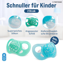 Sucettes pour bébé Twistshake – Paquet de 2 | Forme orthodontique | Ultra-léger | Tétine en silicone souple | Sans BPA | Convient aux bébés à partir de 6 mois | Bleu Vert