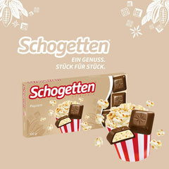 Popcorn Schogetten 1 barre de chocolat x 100g, chocolat au lait avec popcorn et morceaux de maïs, morceaux individuels pratiques. Un délice. Pièce par pièce.