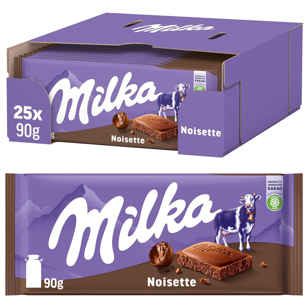 Milka Noisette – Chocolat au lait alpin fourré délicatement et crémeux aux noisettes – 25 x 90g