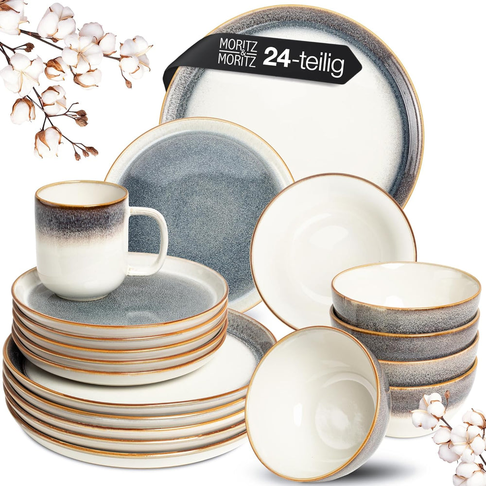 Moritz & Moritz TARENTO Service de table 24 pièces pour 6 personnes, gris – Service d'assiettes élégant en grès de haute qualité – Le service de table comprend 6 assiettes plates, 6 assiettes à dessert, 6 assiettes plates et 6 tasses.