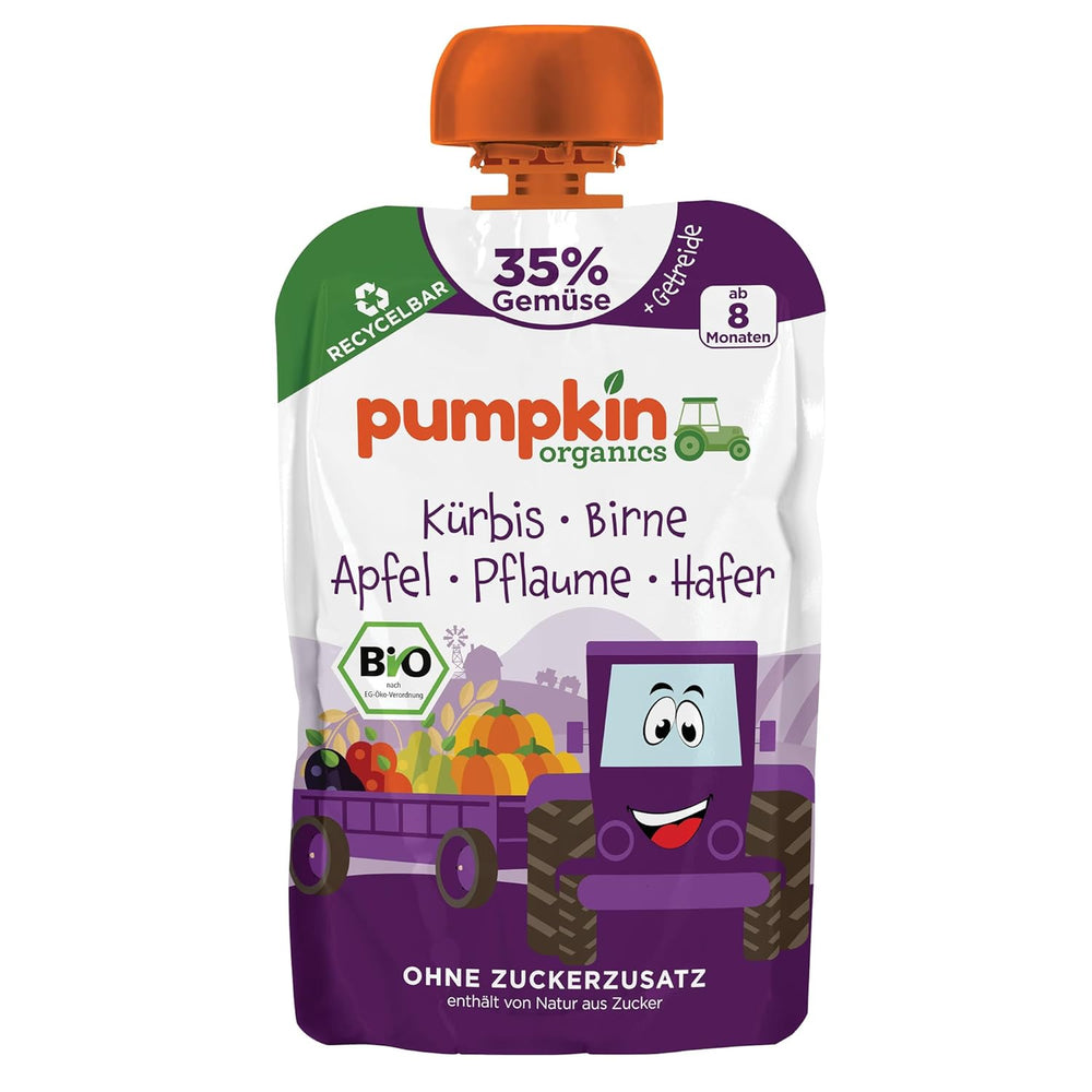 Pumpkin Organics Bio Gemüse-Getreide-Quetschie Kürbis, Birne, Apfel, Pflaume, Hafer ohne Zuckerzusatz¹ - à partir de 8 mois - comme Snack ou Beikost für unterwegs (100g)