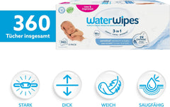 WaterWipes Sensitive+ Lingettes humides pour nouveau-nés et bébés, 360 pièces (paquet de 6), nettoyage 3 en 1, entretien, protection, 99,9 % d'eau, sans parfum