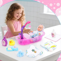 deAO Ensemble de Baignoire pour Poupée, Poupée Interactive de 33 cm, Bain de Poupée, Ensemble de Jeu pour Poupée avec Tétine, Vêtements de Poupée, Peignoir, Couches de Poupée, Baignoire et Douchette Fonctionnelle