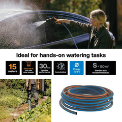 Fiskars Tuyau d'arrosage S, Série X, Tuyau d'arrosage pour arrosage manuel, 13 mm (1/2"), Longueur : 15 m, Raccord universel, Protection UV, Protection contre le gel, Résistant à la torsion, Bleu, 1076044