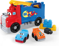 MEGA BLOKS-Bausteine Bausteinset für Kleinkinder, Fast Tracks Rennwagen-Transporter mit 19 Teilen, 2 Rennautos und Aufbewahrung, rot, ab 1 Jahr, JFR29