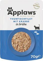 Applaws 100% Natural Nassfutter for Katzen, Thunfischfilet mit Krabben in Brühe - Packung mit 12 x 70g Beuteln