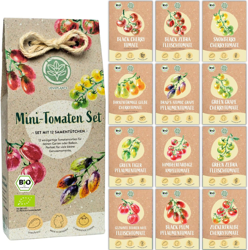 Ensemble de mini graines de tomates biologiques : 12 variétés de tomates cultivées librement | Graines de Tomates Cerise et Beefsteak Rares et Familiales | Graines de légumes pour balcon, plate-bande surélevée, jardin et cadeau | Plantes d'amour