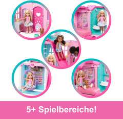 Maison de poupée Barbie Chelsea avec plus de 15 accessoires, maison pop-up s'étendant jusqu'à plus de 42 x 33 cm avec 5 aires de jeu et un toboggan, avec une petite poupée et un chien, JFW49