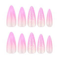 Mouyouglow Unghii lungi, Stiletto, alb lăptos, gradient roz, sclipici, cool, unghii false cu lipici, unghii artificiale roz Ombre sclipici