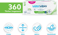 Lingettes humides WaterWipes Sensitive+ Hydrating Boost, lingettes hydratantes, 360 pièces (paquet de 6), nettoyage 3 en 1, soin, hydratation, 99 % d'eau d'aloe vera, lingettes pour bébé non parfumées