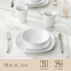 MALACASA Service de table pour 4 personnes, 16 pièces en porcelaine blanche, service de table moderne avec 4 assiettes plates, assiettes à dessert, assiettes et tasses Suma, série ELISA