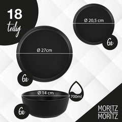 Set de veselă Moritz & Moritz NORDIC pentru 6 persoane - Set de veselă din gresie neagră cu 18 piese - Design scandinav - Set de farfurii robust pentru 6 persoane pentru uz zilnic și pentru oaspeți - Set de veselă combinat
