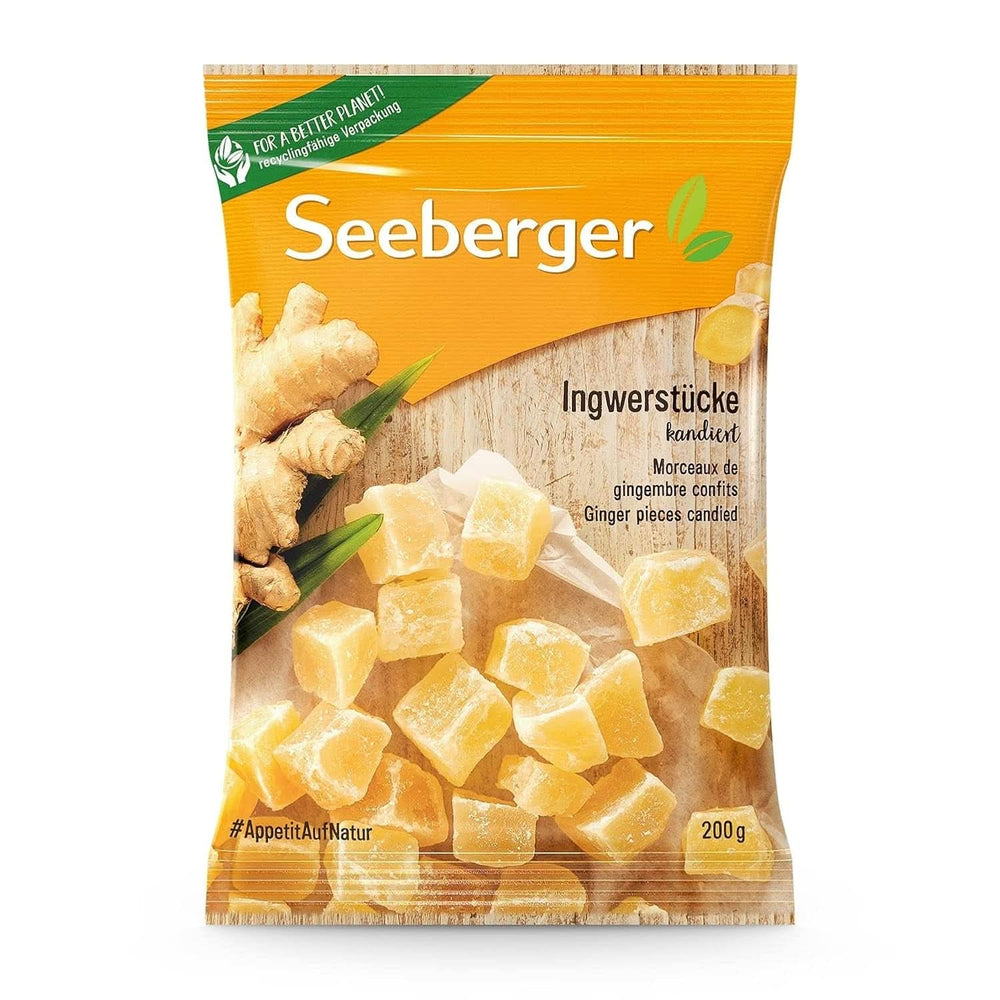 Seeberger Cubes épicés - racine de gingembre jaune doré, produits déshydratés sucrés confits Naty Shop 200 grammes