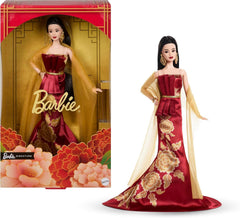 Barbie Signature Lunar New Year Modepuppe in rotem Kleid mit goldenem Pfingstrosenmuster, Spielzeug zum Sammeln, JJX83