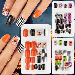72 pcs Ongles d'Halloween Faux Ongles Autocollants Ongles Artificiels Courts Ongles Pressés Autocollants Citrouille Fantôme Ongles Artificiels Conseils Nail Art Orange Vert Noir