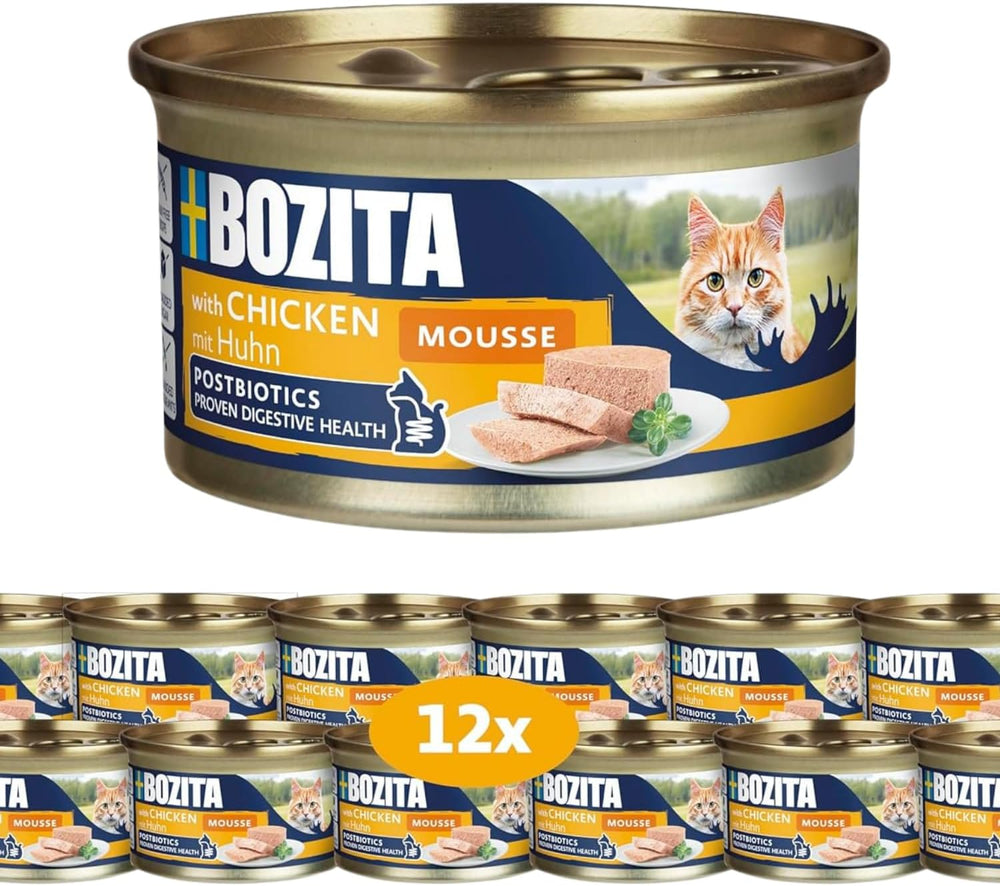 Bozita Mousse Chicken - 12 x 85g nourriture humide pour chat avec une fine texture de mousse et de poulet - recette sans céréales, sans sucre ajouté - avec des postbiotiques pour soutenir une flore intestinale saine