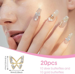 20pcs Charms à Ongles Papillon Paillettes, Strass Nail Art, Pierres à Ongles, Nail Art Papillon, Strass, Breloques à Ongles de la Saint-Valentin, Décoration de Étui de Téléphone Portable DIY