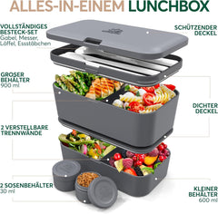 Boîte à lunch Umami pour adultes, boîte à bento empilable avec 4 couverts et compartiments, boîte à lunch adulte, récipient à salade à emporter, boîte à lunch pique-nique/bureau, gris anthracite, boîtes de conservation des aliments 1500 ml Naty Shop