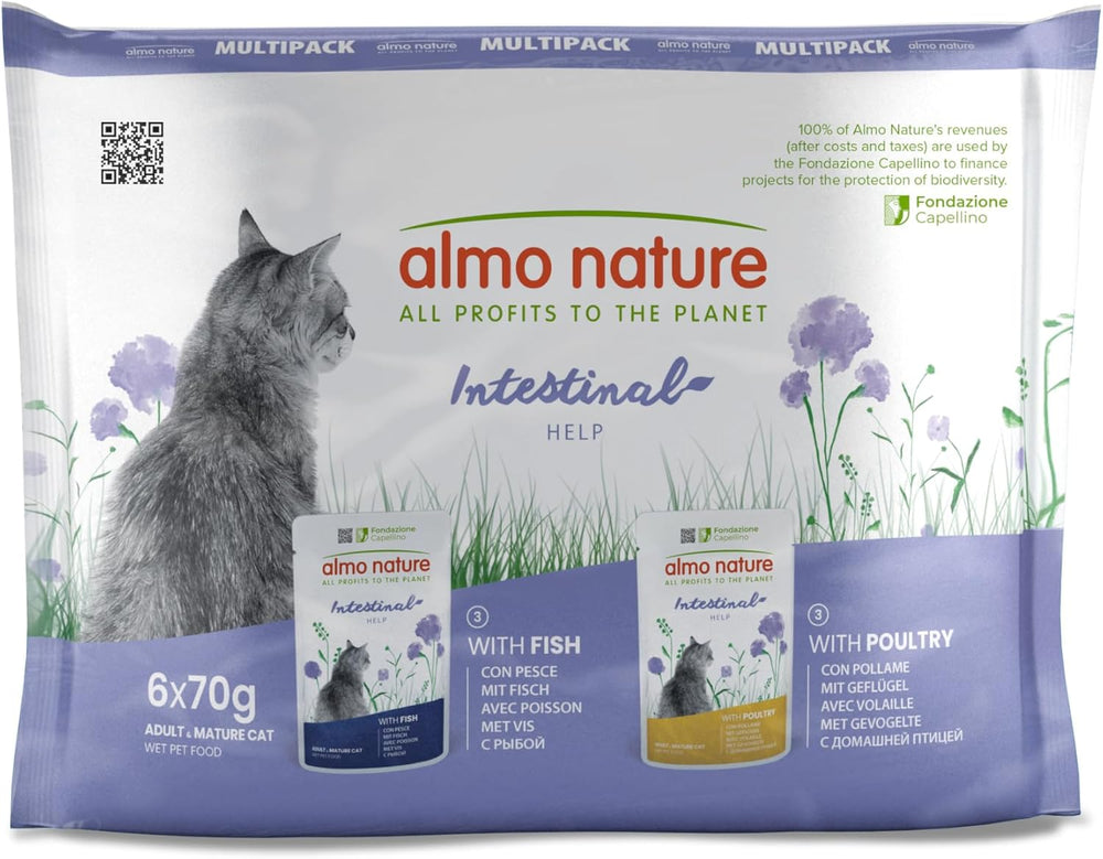 Almo Nature Functional - Intestinal Help - Hrană umedă pentru pisici adulte cu intestine sensibile - cu pește și carne de pasăre - susține microbiomul - 70g (pachet de 6)