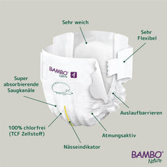 Scutece Bambo Nature pentru bebeluși, mărimea 4 (7-14 kg), 144 buc., cutie lunară | Scutece premium cu protecție îmbunătățită împotriva scurgerilor | Confort și libertate supreme pentru copiii activi | Scutece testate dermatologic