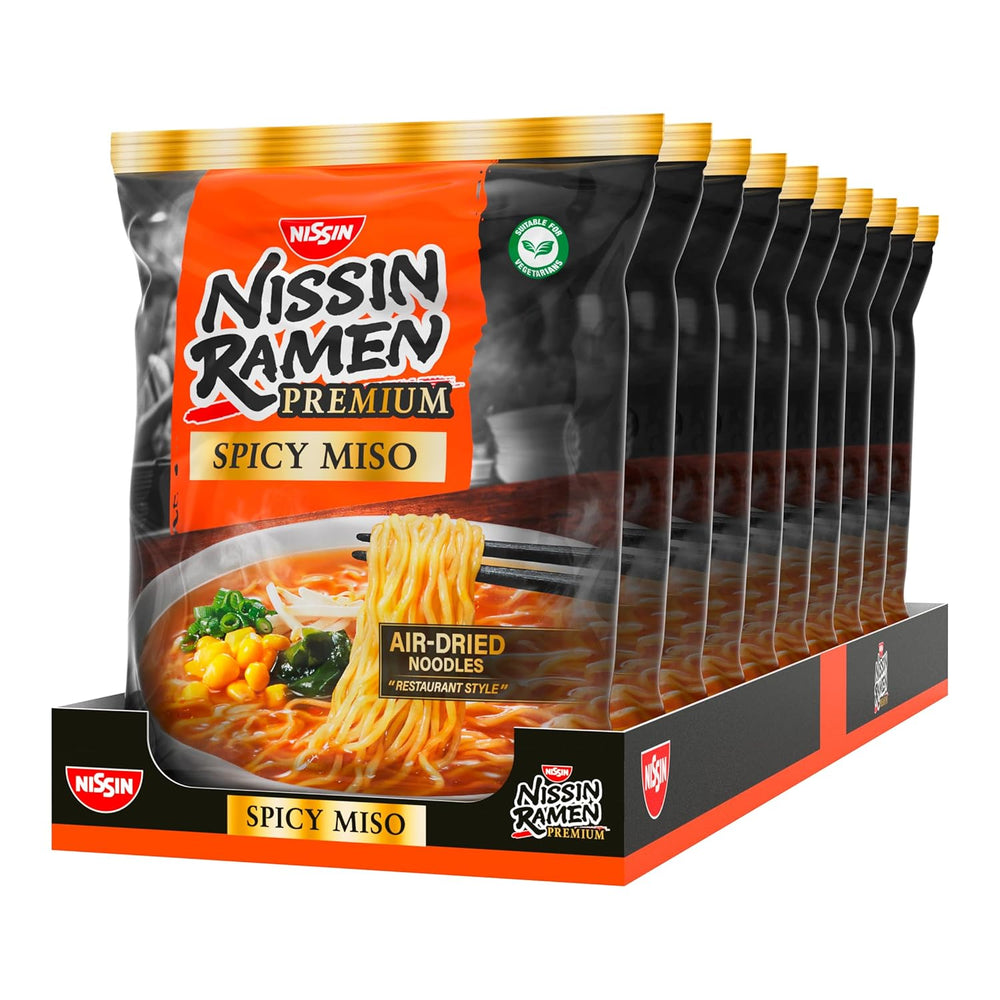 Nissin Ramen Premium - Miso Spicy 10 Pack de nouilles instantanées séchées à l'air libre de style japonais pour un ramen « style restaurant » avec une saveur légèrement épicée de miso et de flocons de wakame (10 x 90,7 g)