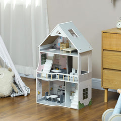 AIYAPLAY Maison de poupée en bois, maison de jeu à 3 étages avec 13 meubles, accessoires, maison de poupée de 85,3 cm de hauteur pour 3 à 6 ans, maison de poupée grise Naty Shop