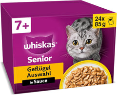 Hrană umedă Whiskas 7+ pentru pisici, selecție de păsări de curte în sos, 24 x 85 g (2 pachete) – Hrană umedă de înaltă calitate, de la 7 ani, în pliculețe cu 48 de porții