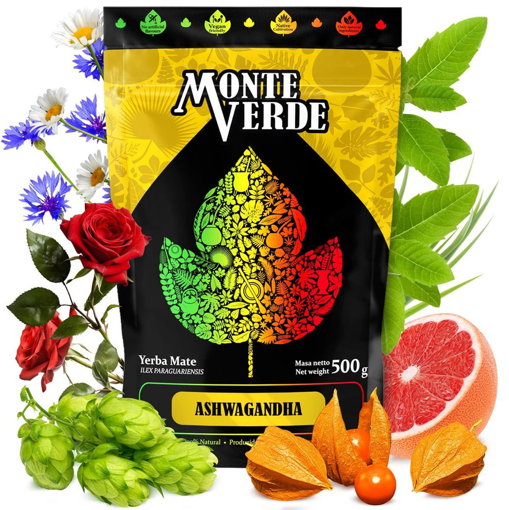 Ceai Yerba Mate Cu Ashwagandha 500G - Ceai Mate Brazilian Cu Ashwagandha Și Plante Medicinale - Fără Aditivi Artificiali, Aromă Naturală | Ceai Mate Verde Loose 0,5Kg cu Plante Medicinale