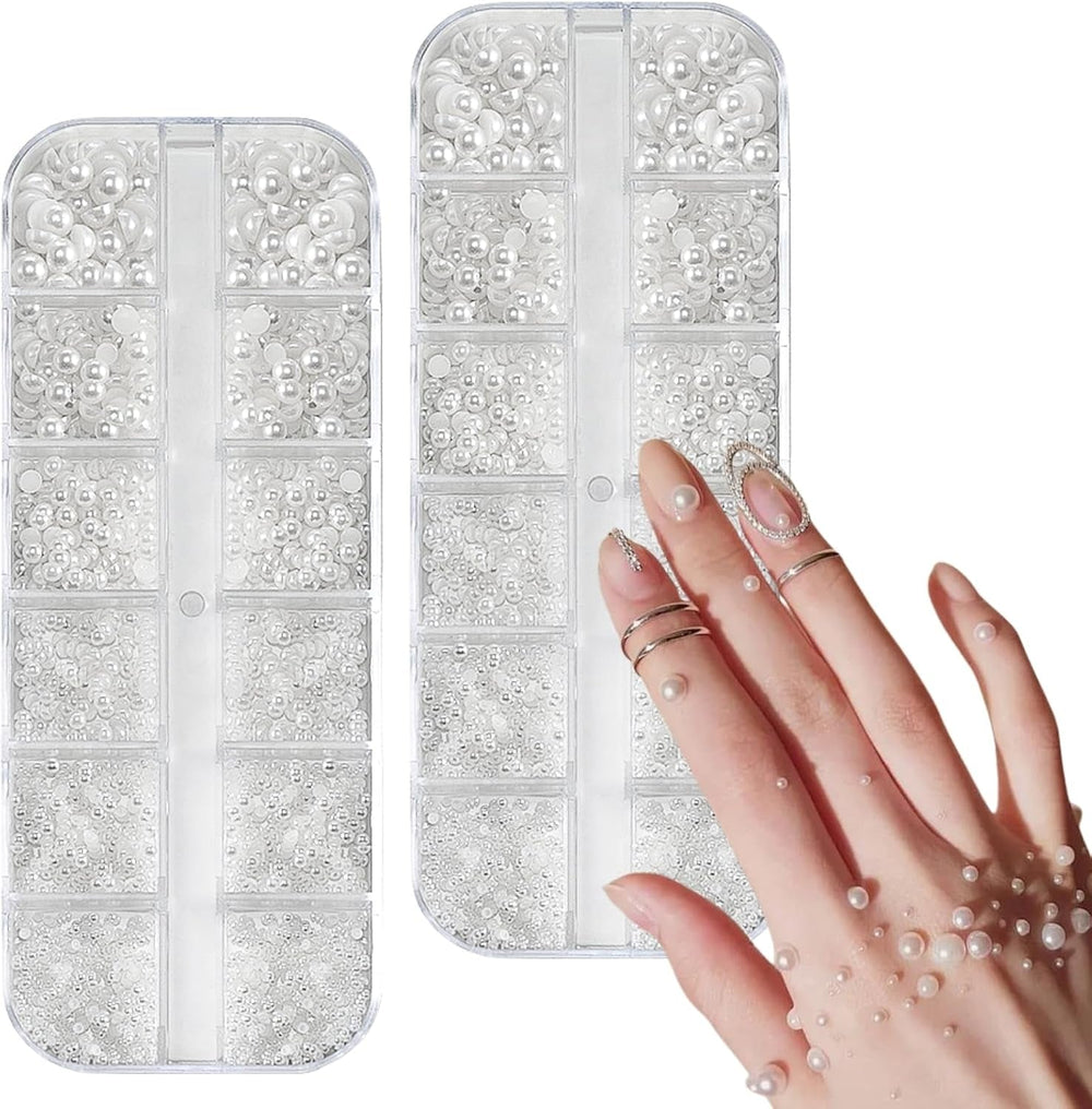 12 Größen Nail Art Perlen, Flache Perlen, Nail Art Accessoires, Halbkreis Nagelperlen, Weiße Nail Charms Und Glitzersteine Nägel Für Nail Art Design, DIY Basteln, Alltag, Hochzeit (2 boîtes)