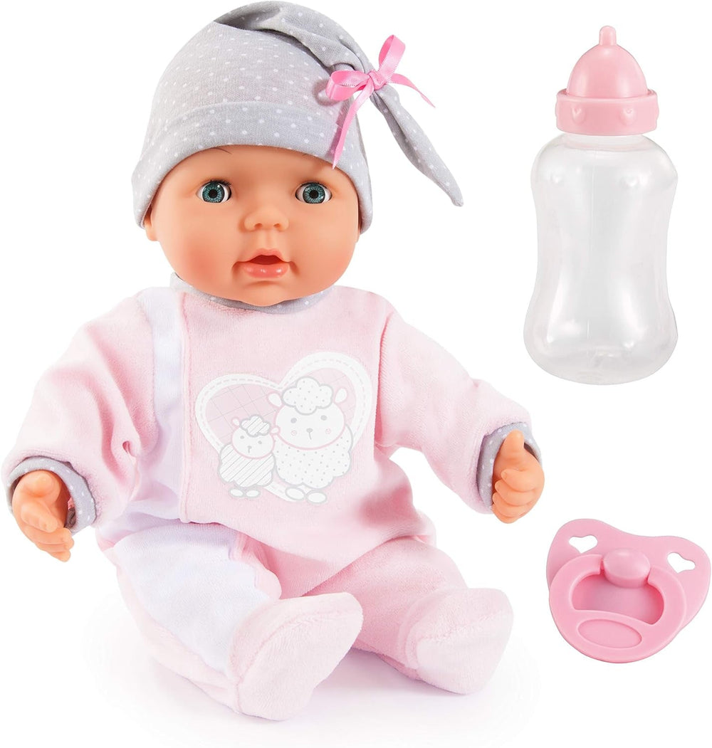 Bayer Design 93829AA My Piccolina Interactive Puppe mit Funktion, sprechend, Babypuppe bewegt den Mund, 38 cm, Schnuller, Flasche, Rosa, Grau