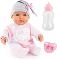 Bayer Design 93829AA Păpușa interactivă My Piccolina cu funcție, Păpușă vorbitoare, Mișcă gura, 38 cm, Suzetă, Biberon, Roz, Gri
